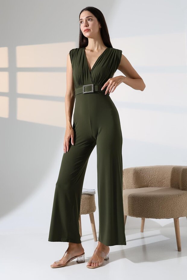 Khaki Sandy Fabric Padded Belt Detail Jumpsuit