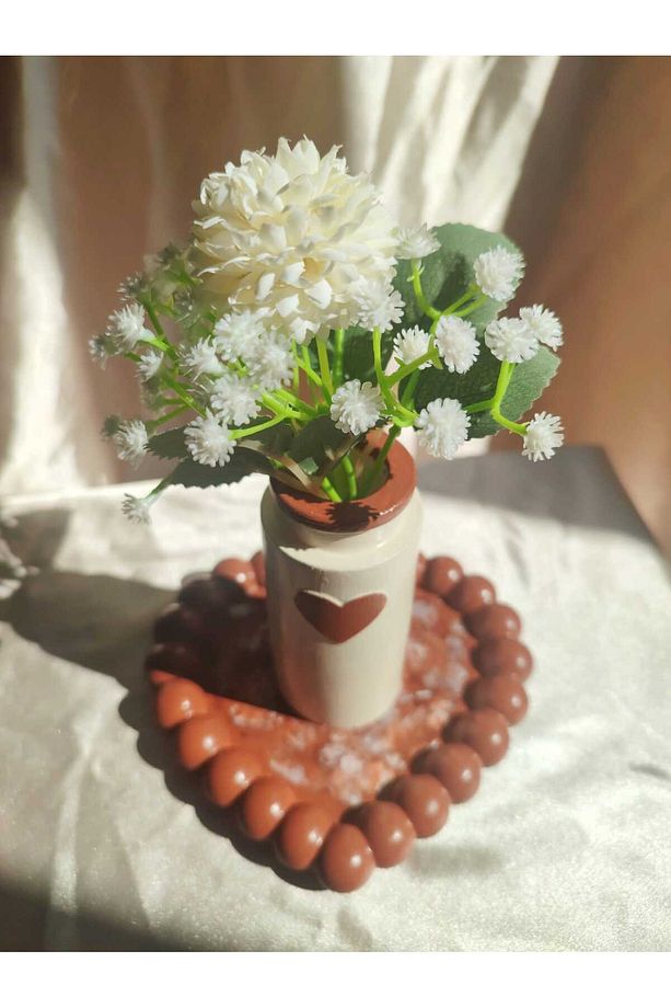 Dekoratif hediyelik pinterest kalpli çiçekli vazo ve kalpli tabak takımı - Çiçekler fiyata dahildir - 4