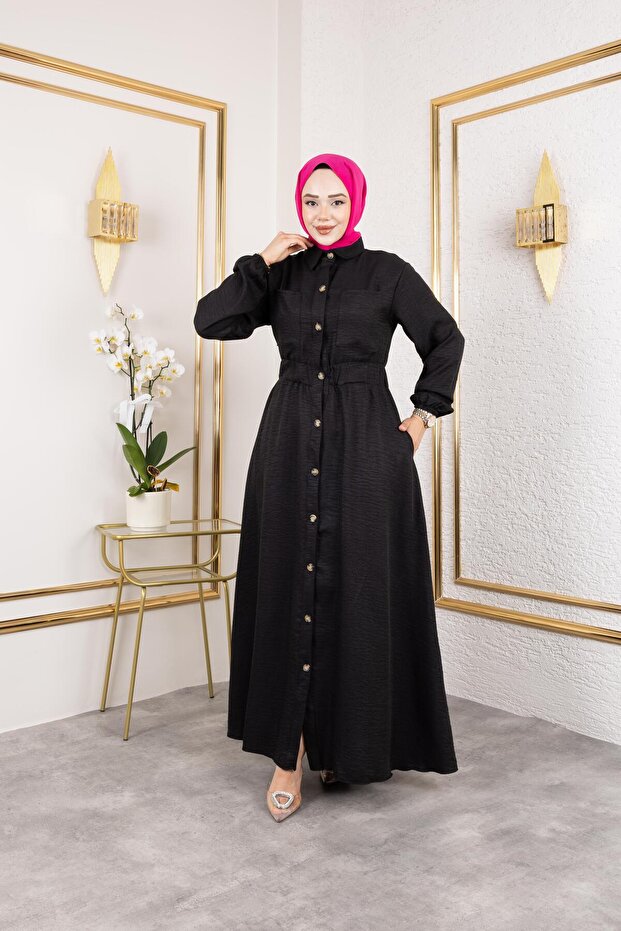 Women's Pocket Detailed Buttoned Waist Elastic Black Dress
