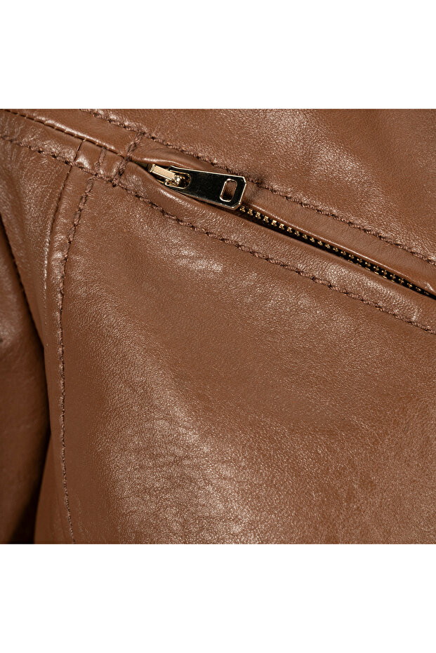 Kadın Taba Deri Biker Ceket - 8