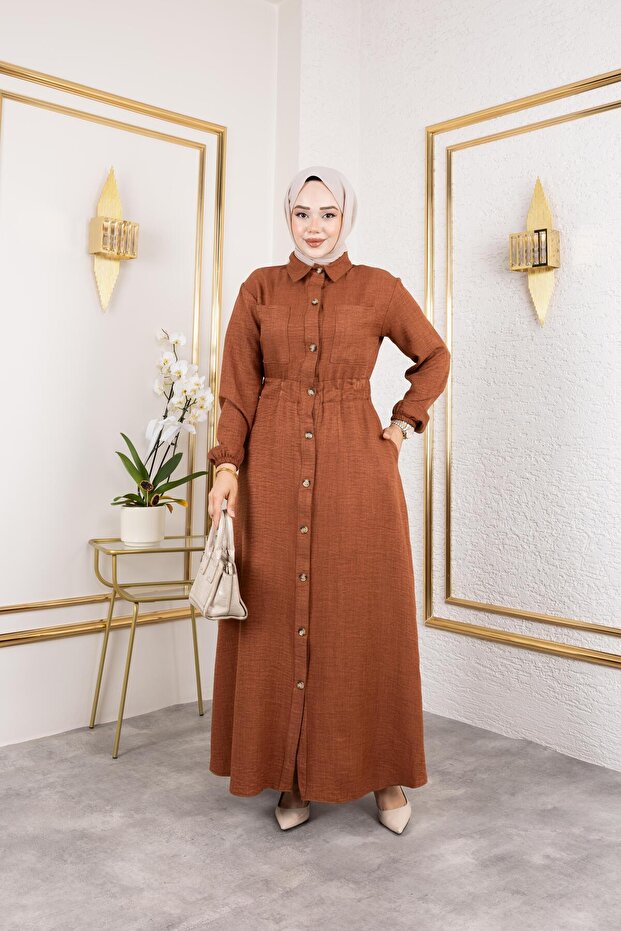 Women's Pocket Detailed Buttoned Waist Elastic Orange Dress