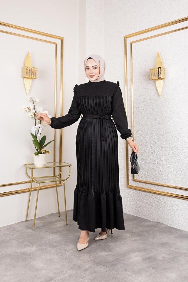 Women's Ruffle Detailed Belted Black Linen Dress