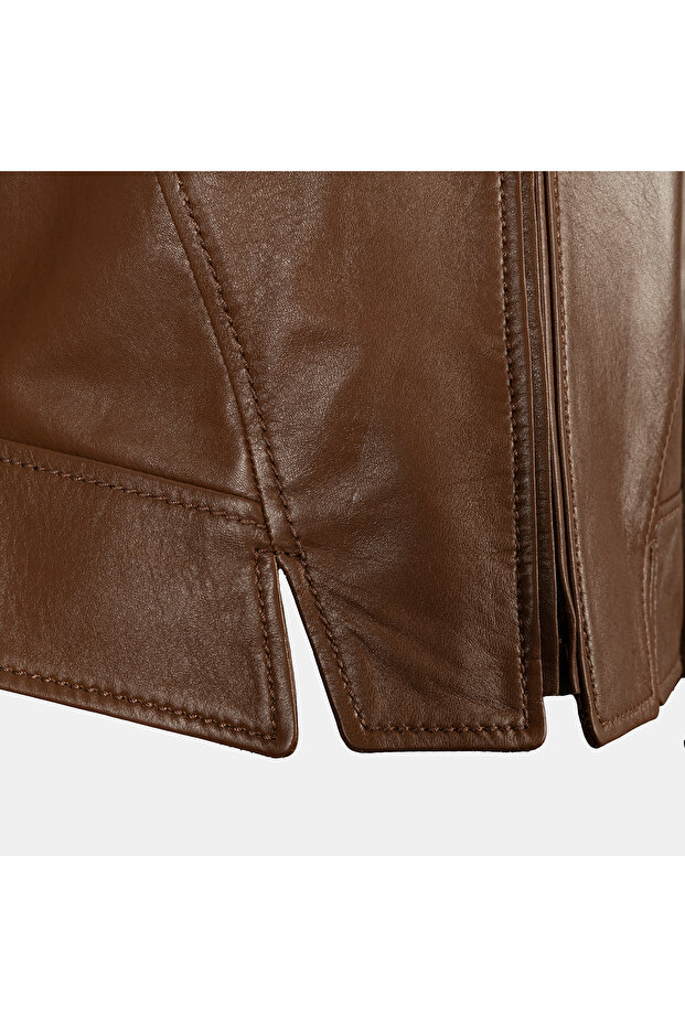 Kadın Taba Deri Biker Ceket - 9