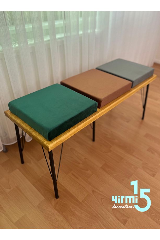 Metal Ayaklı Ahşap Panel Üzeri 3 Adet Puf&Bench Balkon Bench - 1