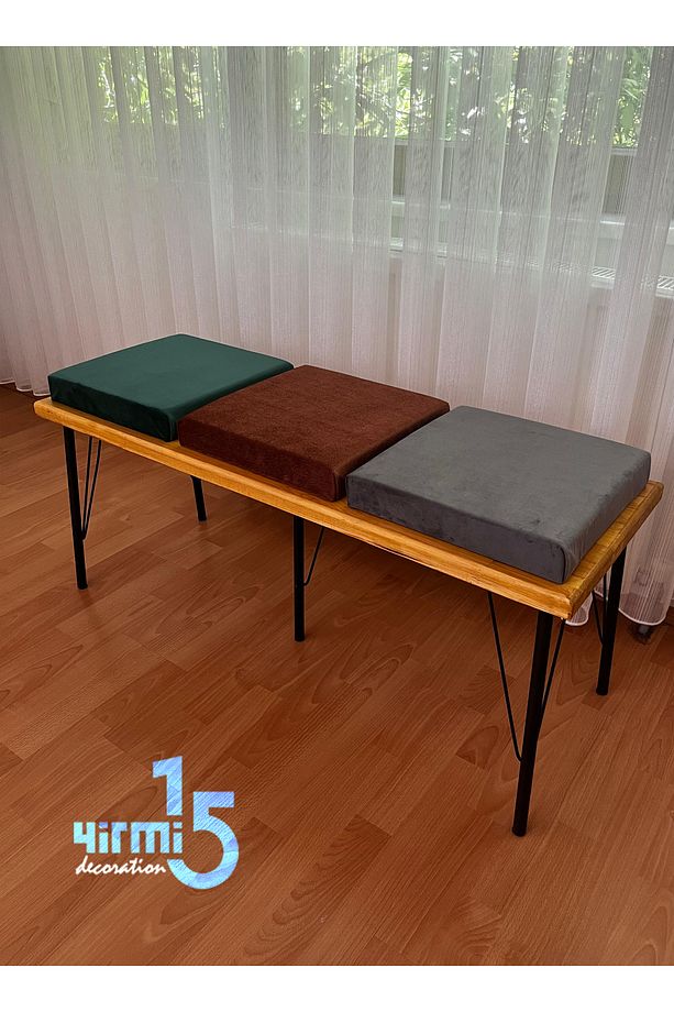 Metal Ayaklı Ahşap Panel Üzeri 3 Adet Puf&Bench Balkon Bench - 2