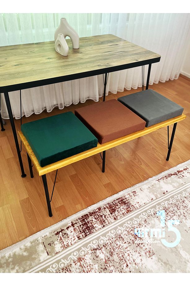 Metal Ayaklı Ahşap Panel Üzeri 3 Adet Puf&Bench Balkon Bench - 4