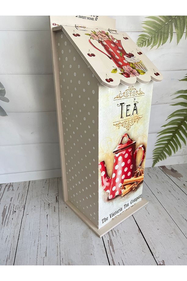 Çay Temalı,Kapaklı Asılabilir Ahşap Poşetlik - 3
