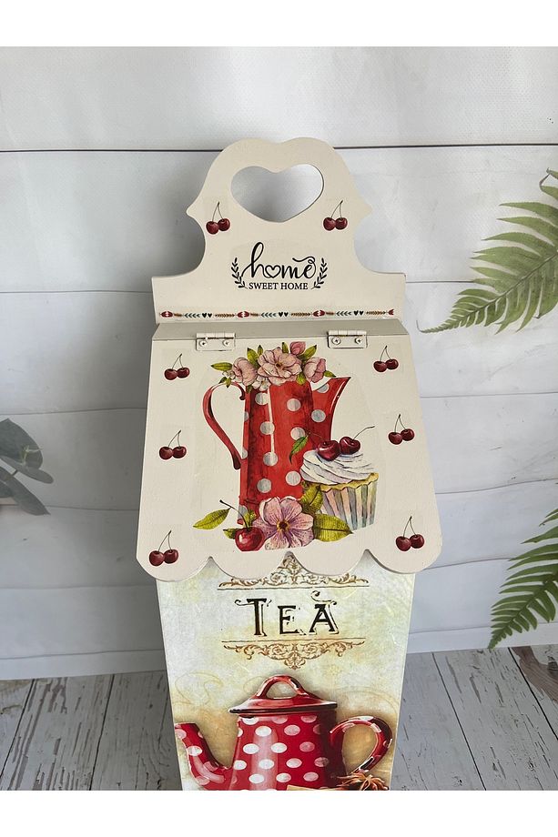 Çay Temalı,Kapaklı Asılabilir Ahşap Poşetlik - 2