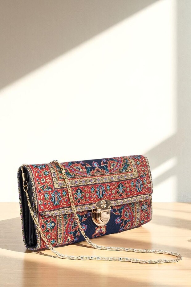 Women's Ethnic Rug Patterned Fabric Shoulder and Hand Bag – Stylish Chain Strap Design