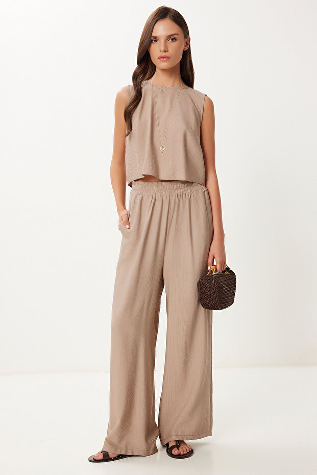 Tie Detailed Blouse Pants Set Beige Lrv0104