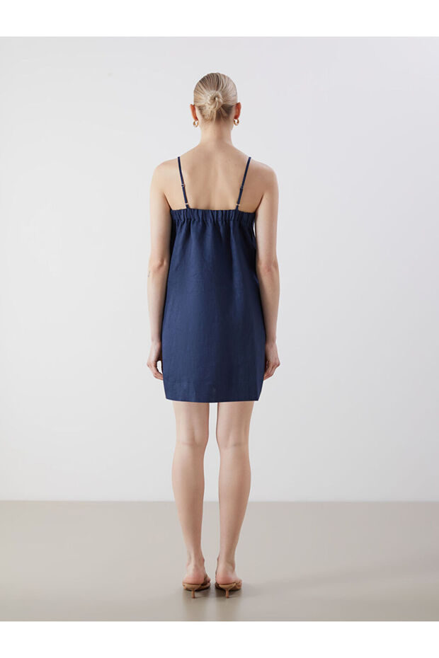 LCW Kare Yaka Keten Mini Elbise Fast Moda - 4