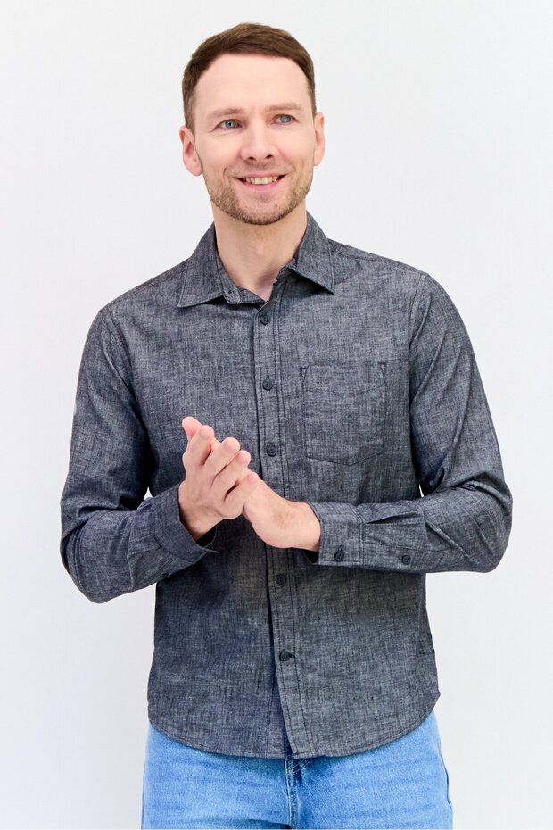 Men Regular Fit Long Sleeves Chambray Casual Shirt, Washed Black