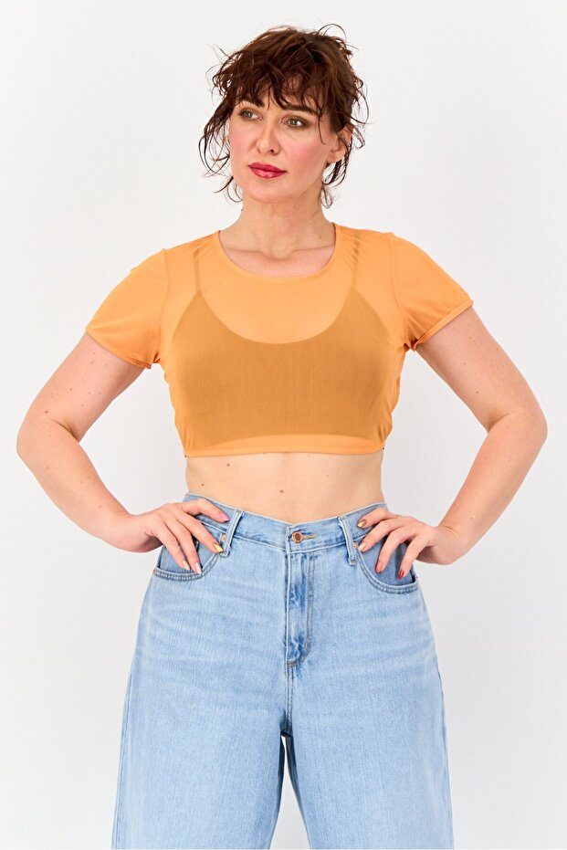 Women Round Neck Short Sleeve Plain Top, Orange