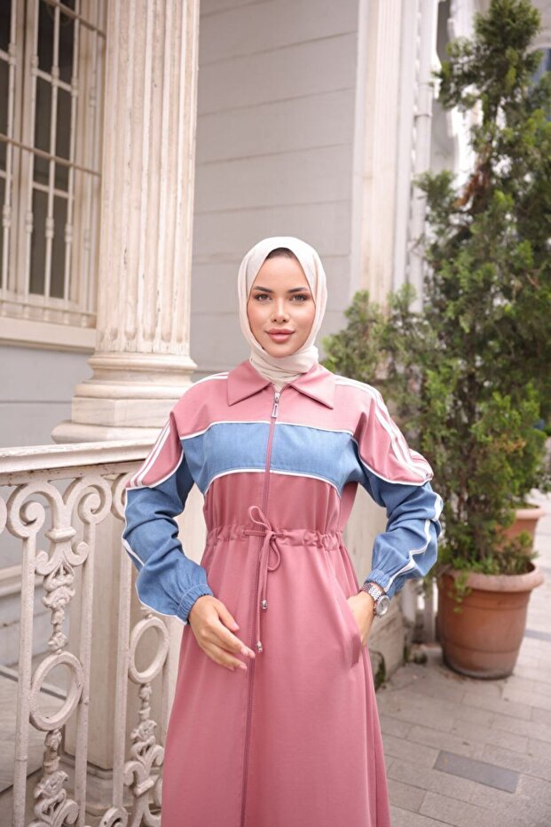 Women's Hooded Denim Detailed Sports Cap – Cotton Comfortable Hijab Coat N-05441 _ Pink