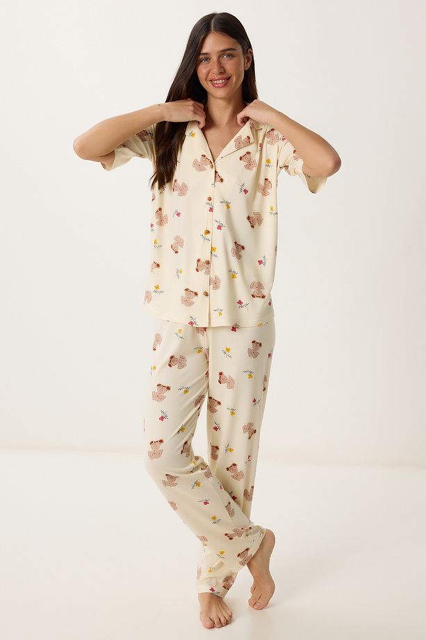 Desenli Örme Gömlek Pijama Takımı AÇIK SARI LPQ0011 - 2