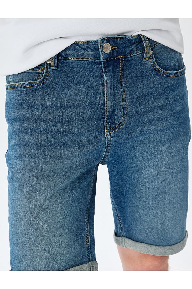 Bermuda Pamuklu Cep Detaylı Slim Fit Kot Şort - 5
