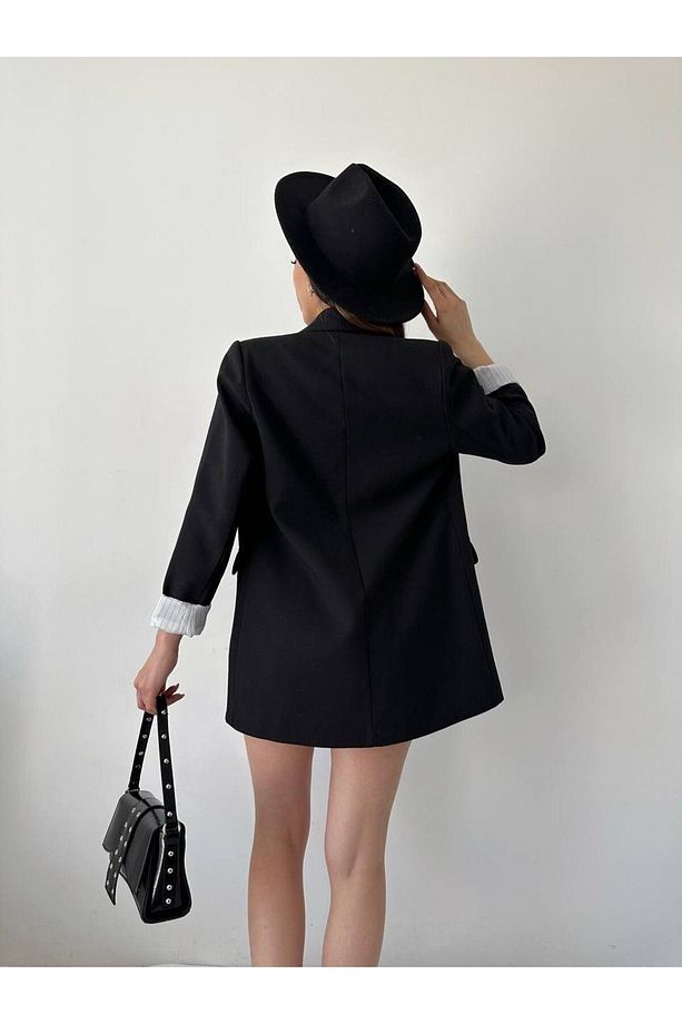 Çizgi Astarlı Siyah Ham Keten Blazer Ceket - 6