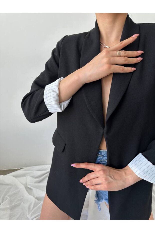 Çizgi Astarlı Siyah Ham Keten Blazer Ceket - 4