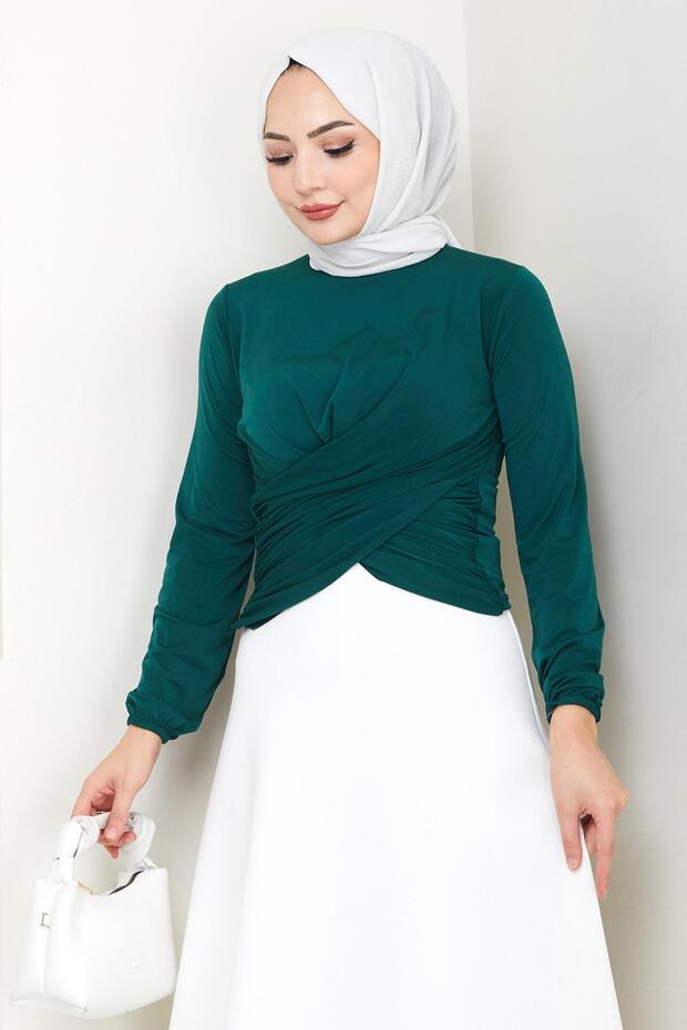 Crew Neck Gathered Sandy Blouse Emerald Hm2765