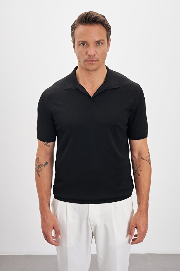 Polo Neck Patched Knitwear Men's T-Shirt