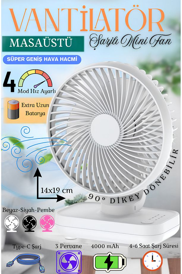 Mini Soğutucu Vantilatör Type-C Şarjlı Masa Üstü Fan Taşınabilir 4 Mod Hız Ayarlı Pervane - 1