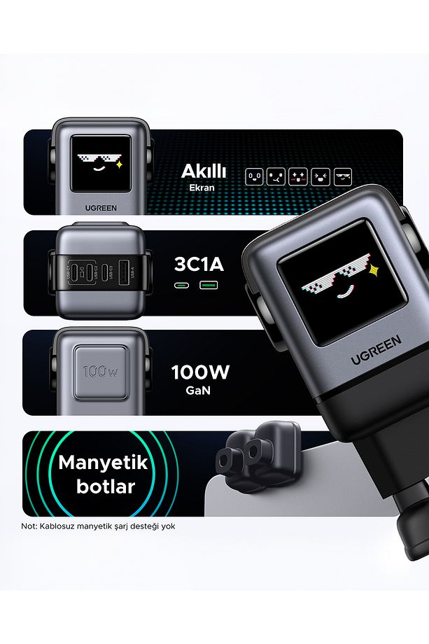 Nexode Uno 100W Robot GaN Hızlı Şarj Cihazı 3xUSB-C, 1xUSB-A, Gri, 45515B - 6