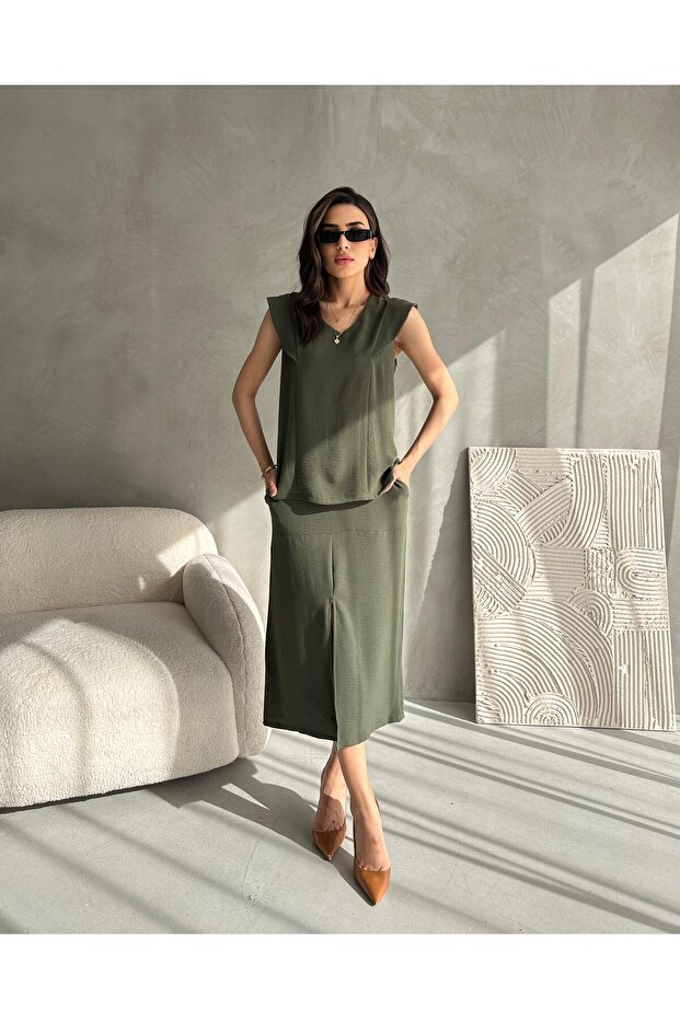 Women's Double Suit- Aerobin Fabric Front Slit Piece Skirt-Low Sleeve Piece Blouse