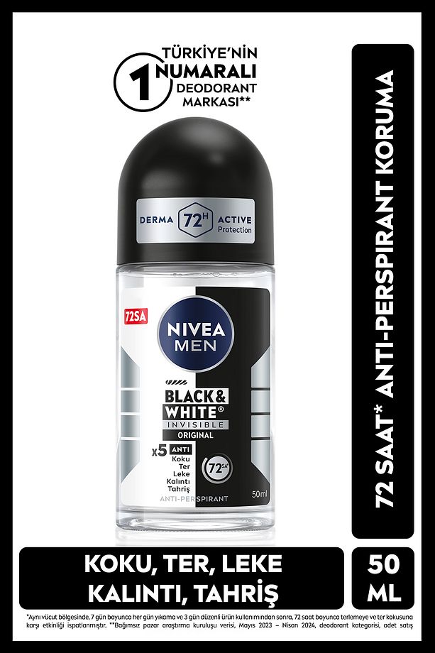 MEN Erkek Roll On Deodorant Black&white Invisible Original 50ml, 72 Saat Anti-perspirant Koruma - 1