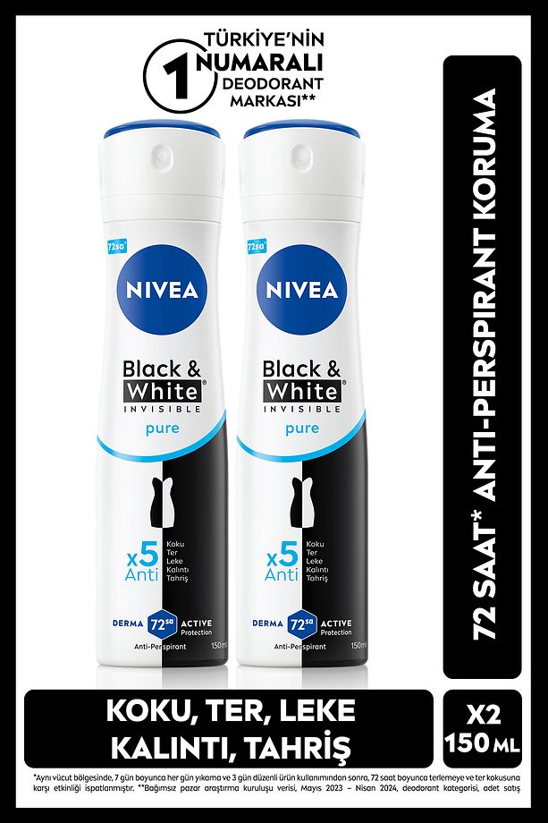 Kadın Sprey Dedoroant Black&White Invisible Pure 150 ml,72 Saat Anti-Perspirant Koruma,x2 Adet - 1