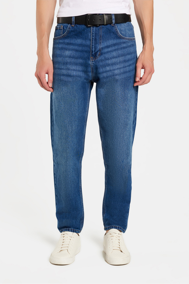 Men's Relaxed Fit Wide Leg Washed Stone Washed Boyfriend Stretch Blue Jean Denim Pants
