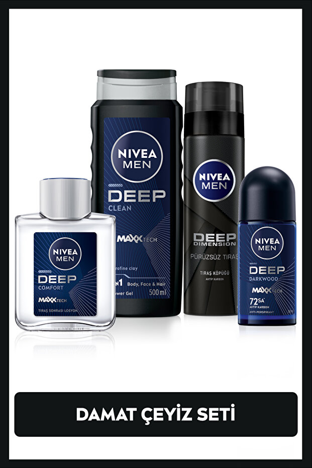 NIVEA MEN Erkek Damat Bakım Çeyiz Seti,Duş Jeli 500 ml,Losyon 100 ml,Tıraş Köpüğü,Roll-on 50 ml