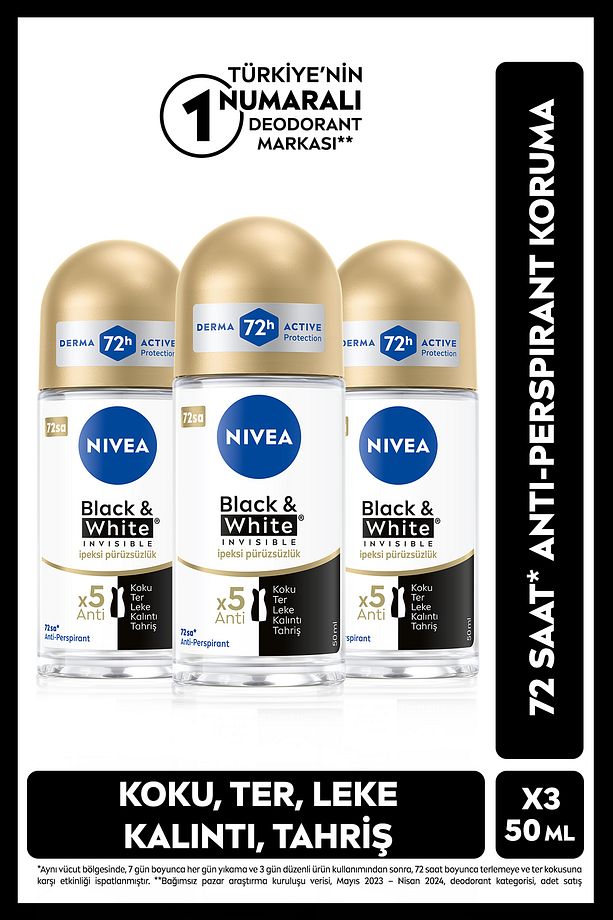 Kadın Roll-on Deodorant Black&white 50ml, Ter Kokusuna Karşı 72 Saat Koruma, X3 Adet - 1