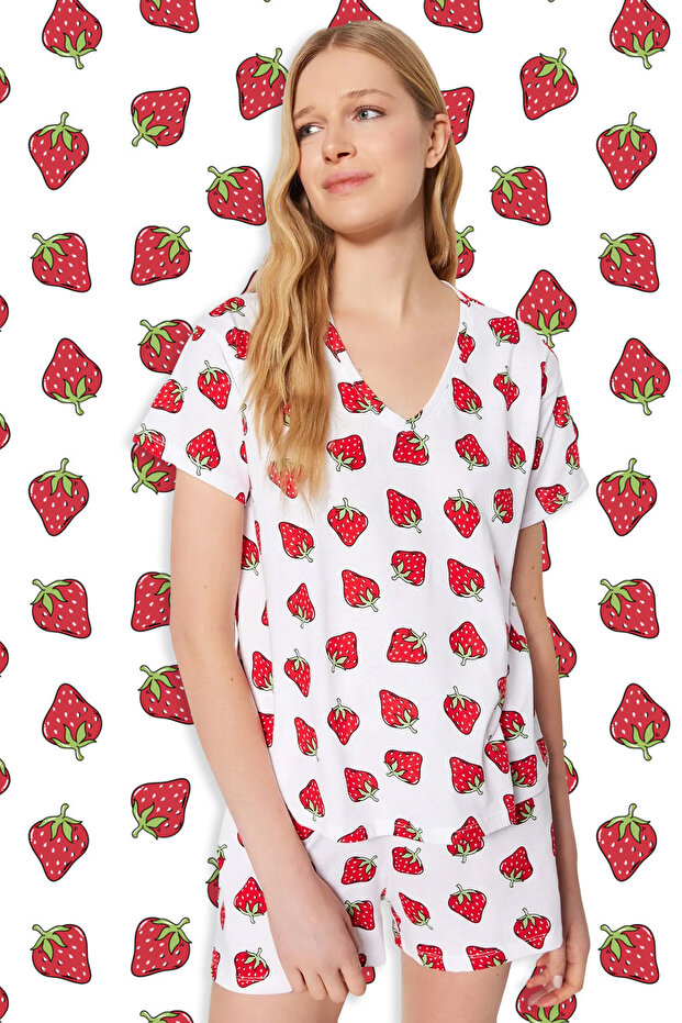 Beyaz %100 Pamuklu Çilek Desenli Şortlu Örme Pijama Takımı THMSS23PT00013 - 1