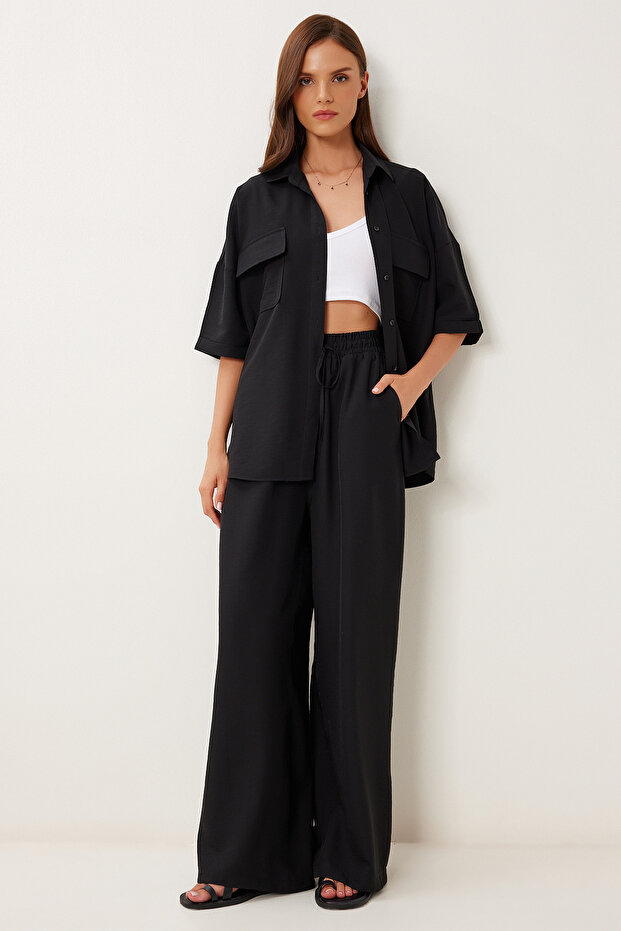 Women's Black Wrinkle Effect Woven Shirt Pants Suit Mx00207