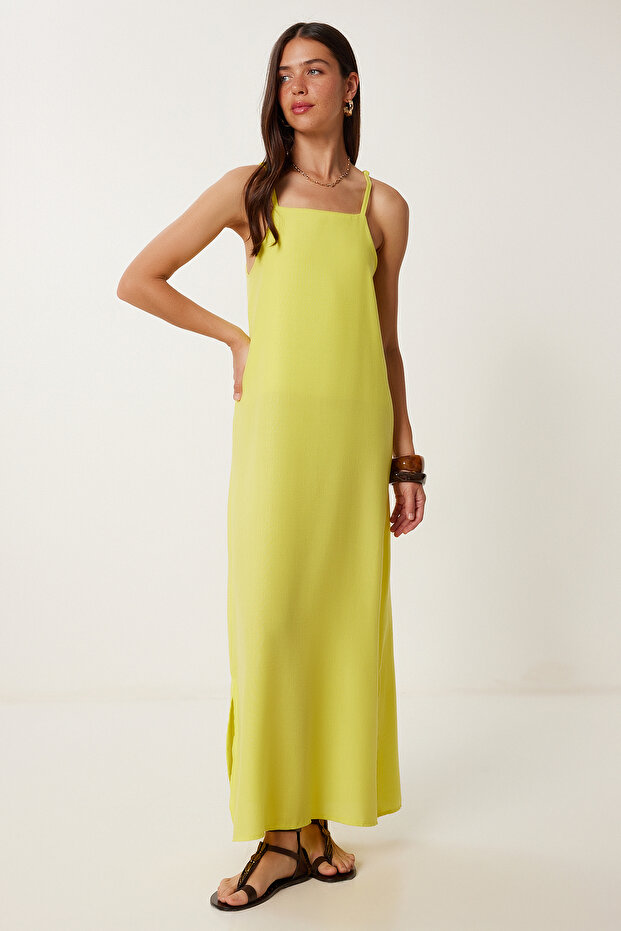 Women's Yellow Strap Summer Linen Dress Dz00129