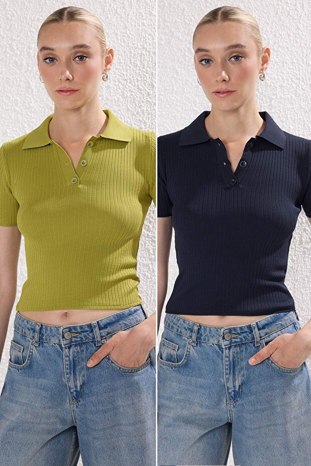 Lacivert-Yeşil Basic Polo Yaka İkili Paket Triko İnce Bluz TWOSS25BZ00503 - 1