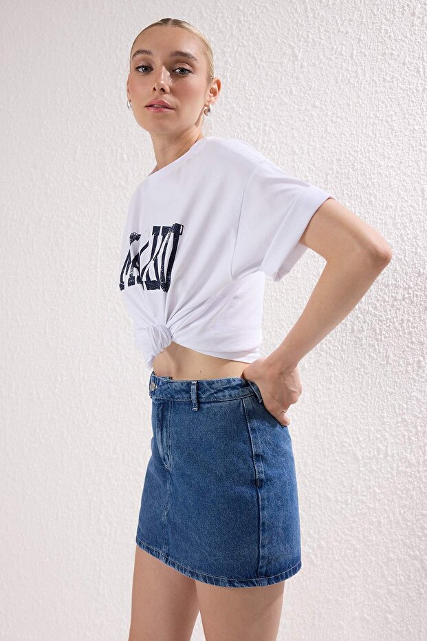 Koyu Mavi More Sustainable Yüksek Bel Mini Denim Şort Etek TWOSS25SR00079 - 3