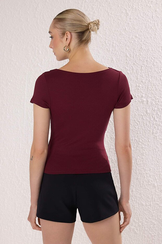 Bordo Büzgü/Drape Detaylı Fitted/Vücuda Oturan Örme Bluz TWOSS25BZ00278 - 4