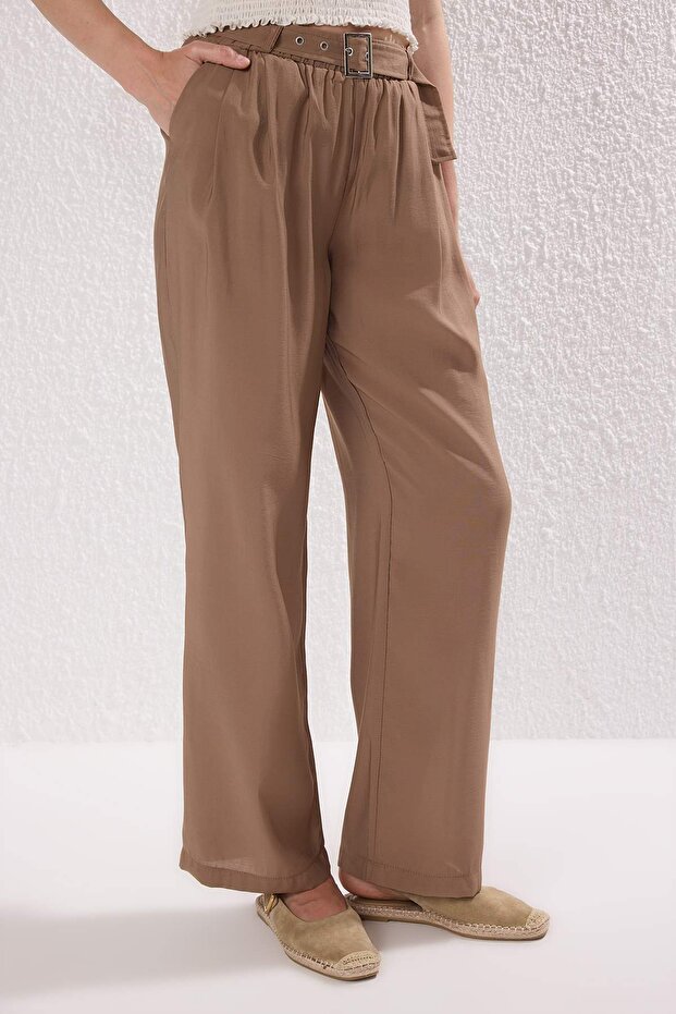 Bej Modal Yumuşak Tuşeli Kemerli Wide Leg/Geniş Paça Pantolon TWOSS25PL00112 - 3