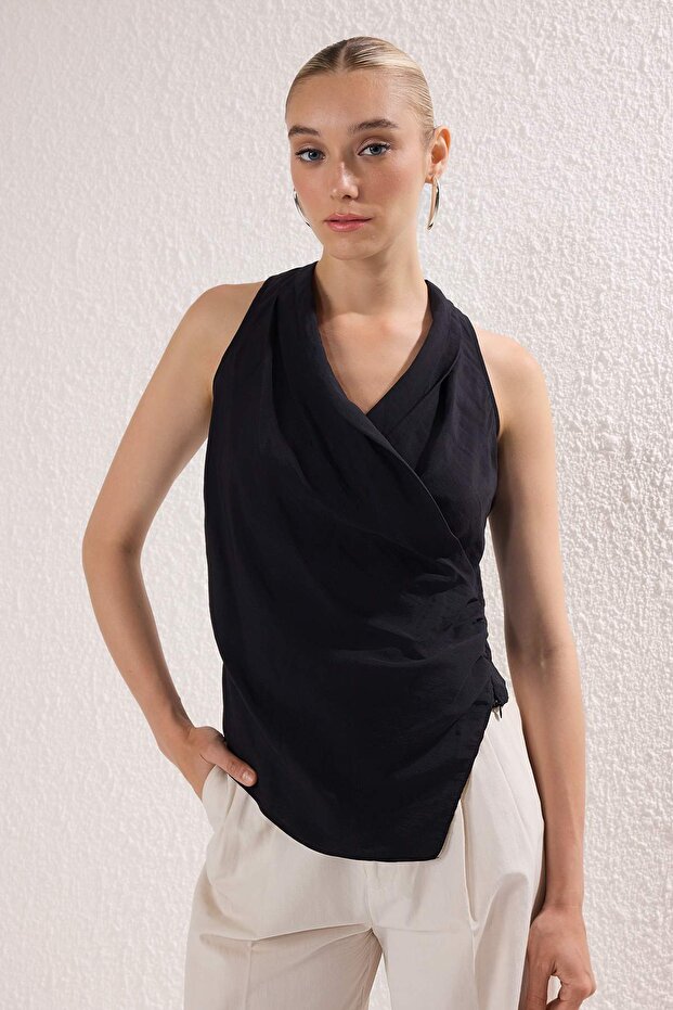 Siyah Modal Kruvaze Dokuma Bluz TWOSS25BZ00363 - 1