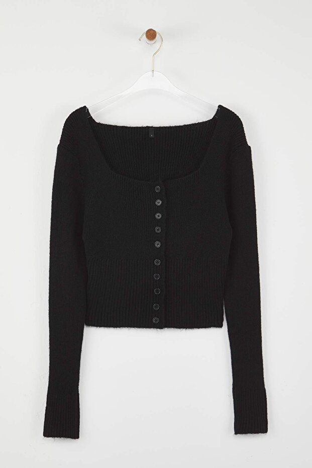 Siyah Crop Kare Yaka Triko Yumuşak Dokulu Fitted/Vücudu Saran Hırka TWOAW25HI00178 - 5