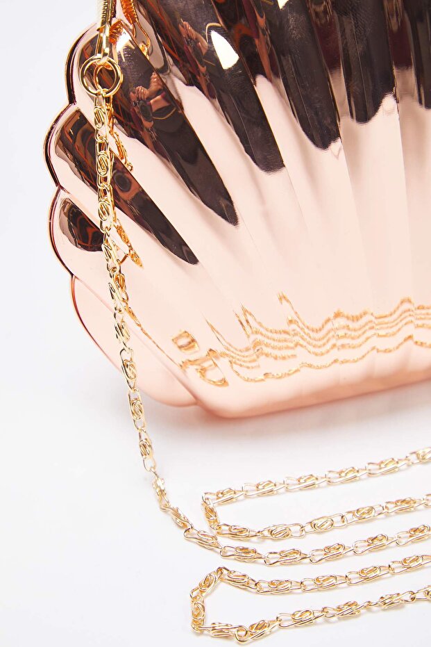 Metalik Bakır Deniz Kabuğu Abiye Kadın Şık Mini Boy Clutch El Çantası TAKSS25OC00063 - 4