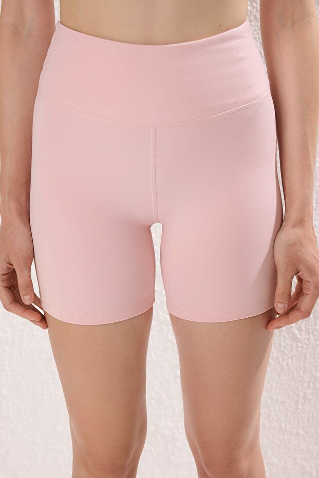 Pembe Fırçalı Soft Kumaş İç Bel Cep Detaylı Örme Spor Şort/Kısa Tayt THMSS24TY00020 - 3