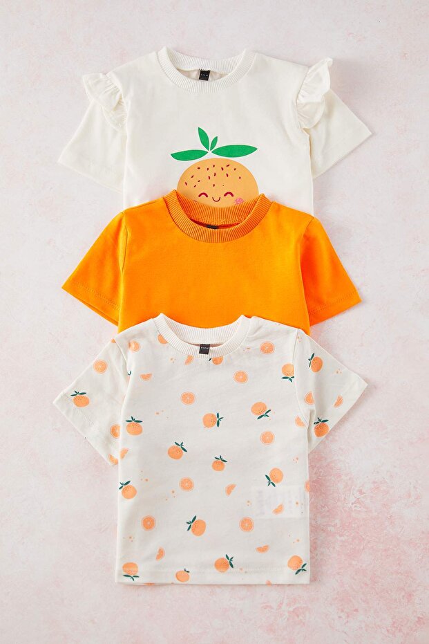 Turuncu 3'lü Kız Bebek %100 Pamuk Portakal Baskılı Fırfırlı Kısa Kol T-shirt TKDSS25TS00111 - 1