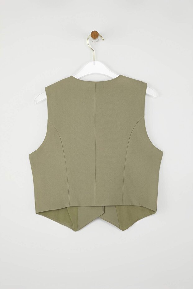 Haki Fitted Keten Görünümlü Kruvaze Kapamalı Crop Yelek TWOSS25YE00122 - 6