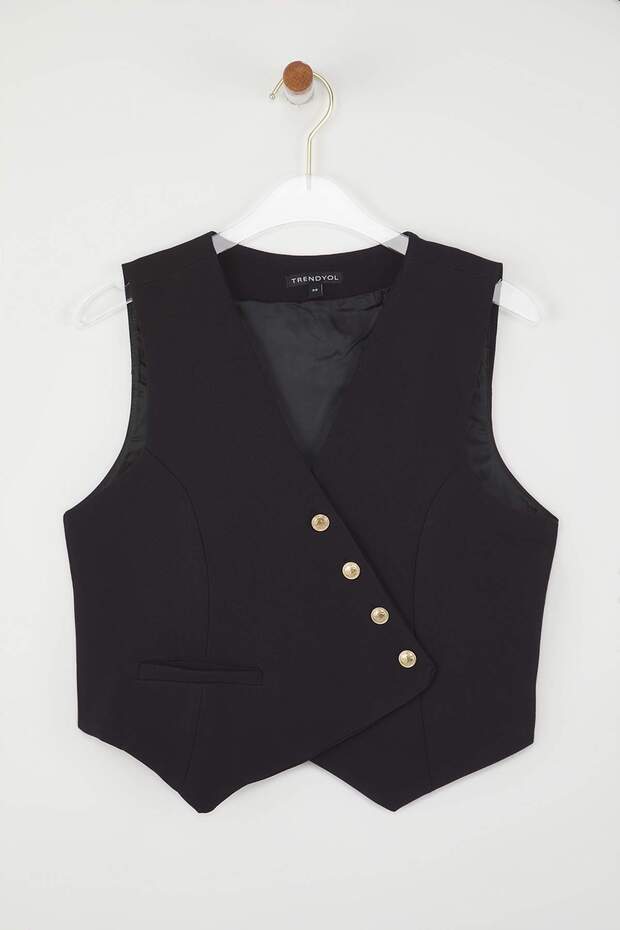 Siyah Fitted Dokuma Crop Yelek TWOSS25YE00121 - 5