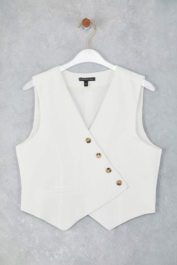 Beyaz Fitted Keten Görünümlü Kruvaze Kapama Crop Yelek TWOSS25YE00122 - 5