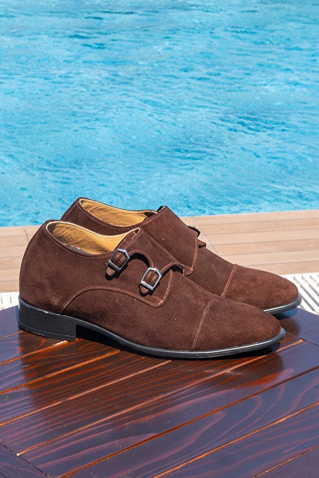 Handmade Genuine Leather Brown Buckle Suede 7 cm Length Increase Hidden Heel Classic Shoes Shoes