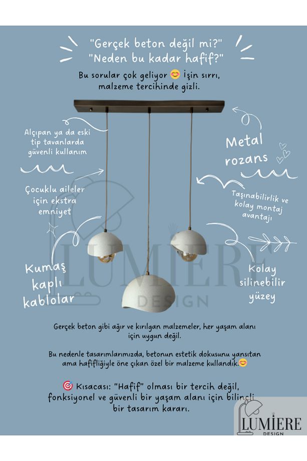 Beton Görünümlü İskandinav Bohem 3’lü Sarkıt Avize - Yemek Masası Salon Avize + Ampul Dahil - 5