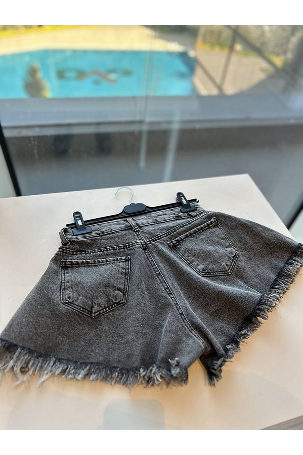 Püsküllü Denim Şort Antrasit Gri - 3